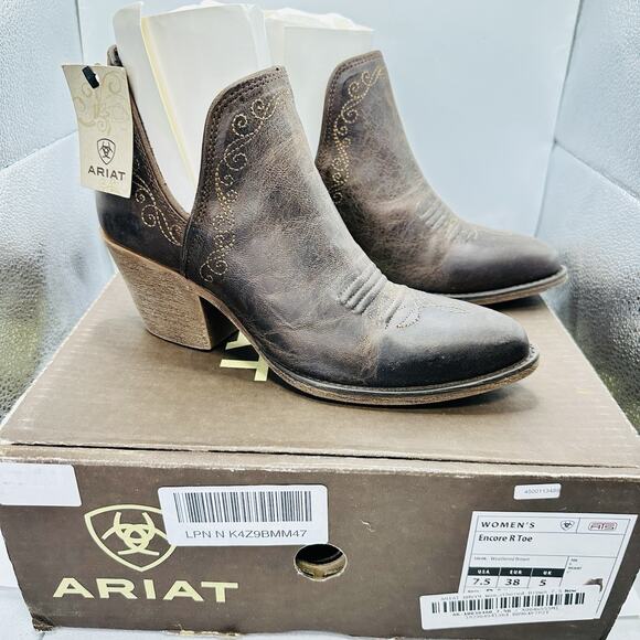 Ariat Boots Womens Size 7.5 Encore R Toe Weathered Brown Leather Western Bootie - Picture 2 of 7